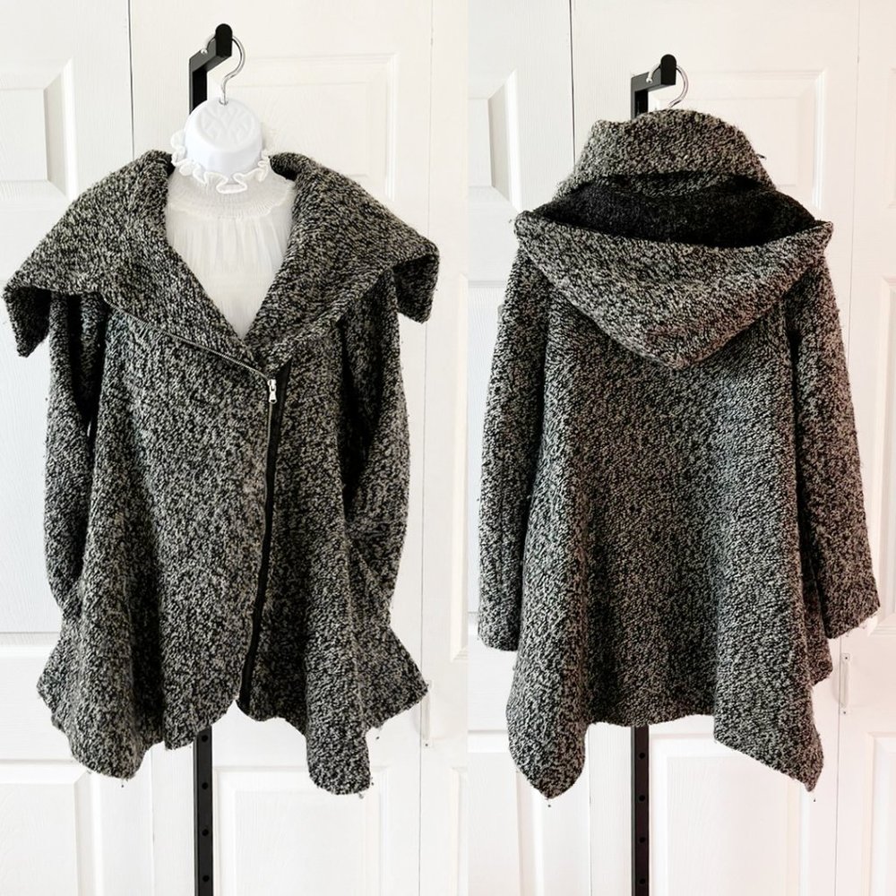 Egoist Tailored Collar Asymmetrical Loose Grey Wool Blend Coat with Hood, Size S